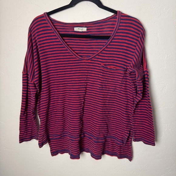 Madewell knit melody pocket tee long sleeves red navy striped medium - Picture 10 of 10